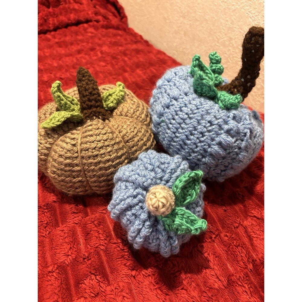 Handmade Crochet Trio Pumpkins Taupe 6x6 Blue 6x6 Blue 4x4 Autumn Harvest Decor
